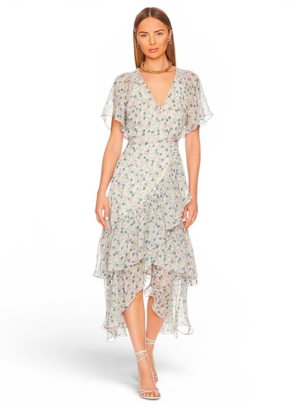 ASTR THE LABEL Flutter Sleeve Belted Wrap Adella Midi Dress - Medium